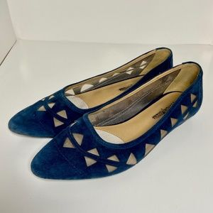 neiman marcus blue suede perforated point toe flats